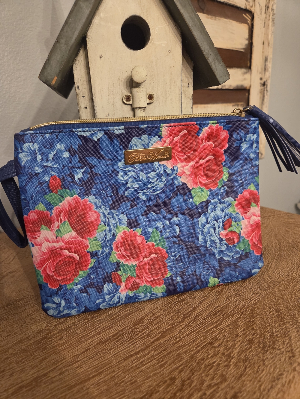 The Pioneer Woman Blue Floral Zip Wristlet with Red & Pink Blooms